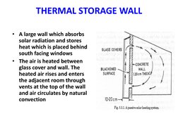 THERMAL STORAGE WALL 
 
• A large wall which absorbs 
solar radiation and stores 
heat which is placed behind 
south facing w