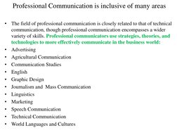 Professional Communication is inclusive of many areas 
 
•
The field of professional communication is closely related to that