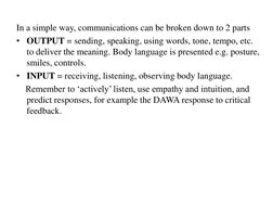 In a simple way, communications can be broken down to 2 parts 
• OUTPUT = sending, speaking, using words, tone, tempo, etc.