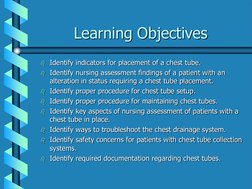 Learning Objectives Identify indicators for placement of a chest tube. Identify nursing assessment findings of a patient wi