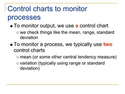 Control charts to monitor 
processes
To monitor output, we use a control chart
we check things like the mean, range, standard