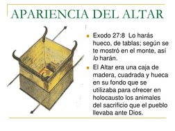 APARIENCIA DEL ALTAR 
Exodo 27:8  Lo harás 
hueco, de tablas; según se 
te mostró en el monte, así 
lo harán.  
El Altar er