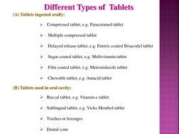 Different Types of  Tablets  
(A) Tablets ingested orally:  
 
    Compressed tablet, e.g. Paracetamol tablet  
 
    Multi