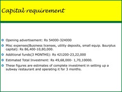 Capital requirement 
Opening advertisement: Rs 54000-324000 
Misc expenses(Business licenses, utility deposits, small equip
