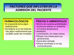 FACTORES QUE INFLUYEN EN LA 
ADMISIÓN DEL PACIENTE 
FARMACOLÓGICOS 
•Si el paciente toma algún 
 medicamento. 
•Considerar si