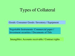 Types of Collateral 
 
Goods: Consumer Goods / Inventory / Equipment 
Negotiable Instruments: Commercial paper / 
Investment