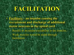 FACILITATION •Facilitory - an impulse causing the recruitment and discharge of additional motor neurons in the spinal cord 
•