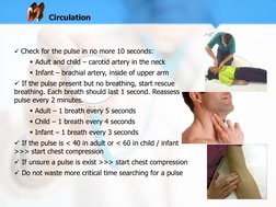  Check for the pulse in no more 10 seconds: 
 Adult and child – carotid artery in the neck 
 Infant – brachial artery, ins
