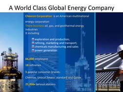 5 
A World Class Global Energy Company 
Chevron Corporation  is an American multinational 
energy corporation  
There busines