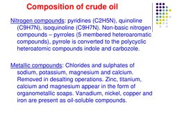 Composition of crude oil
Nitrogen compounds: pyridines (C2H5N), quinoline 
(C9H7N), isoquinoline (C9H7N). Non-basic nitrogen