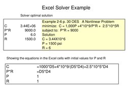 Excel Solver Example 
C
=1000*D5+4*10^9/(D5*D4)+2.5*10^5*D4
P*R
=D5*D4
P
1
R
1
Example 2-6 p. 30 OES   A Nonlinear Problem
C