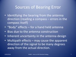 Sources of Bearing Error 
• Identifying the bearing from the antenna 
direction (reading a compass – errors in the 
compass i