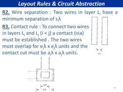 10 
Layout Rules & Circuit Abstraction 
R2. Wire separation : Two wires in layer Li have a 
minimum separation of siλ 
R3. Co