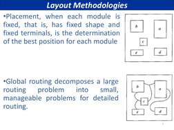7 
Layout Methodologies 
•Placement, when each module is 
fixed, that is, has fixed shape and 
fixed terminals, is the determ