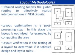 8 
•Detailed routing follows the global 
routing 
to 
effectively 
realize 
interconnections in VLSI circuits. 
  
 
 
 
Layo