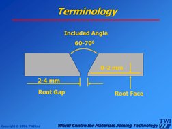 Copyright © 2004, TWI Ltd 
World Centre for Materials Joining Technology 
Terminology 
0-2 mm 
2-4 mm 
60-700 
Included Angle