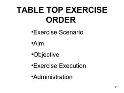 2
TABLE TOP EXERCISE 
ORDER 
•Exercise Scenario
•Aim 
•Objective
•Exercise Execution
•Administration
