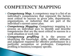 Competency Map. A competency map is a list of an 
individual’s competencies that represent the factors 
most critical to suc