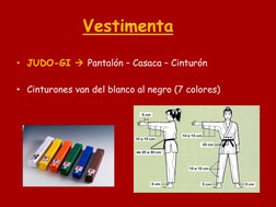 Vestimenta  
• JUDO-GI  Pantalón – Casaca – Cinturón 
 
• Cinturones van del blanco al negro (7 colores) 
