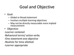 Goal and Objective 
• Goal: 
– Global or Broad statement 
– Involves multiple learning objectives 
– May not be directly meas
