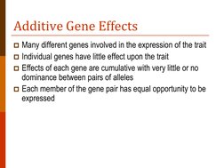 Additive Gene Effects 
Many different genes involved in the expression of the trait 
Individual genes have little effect up