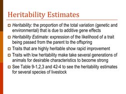 Heritability Estimates 
Heritability: the proportion of the total variation (genetic and 
environmental) that is due to addi