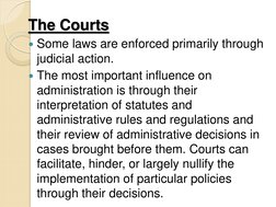 The Courts 
Some laws are enforced primarily through 
judicial action.  
The most important influence on 
administration is