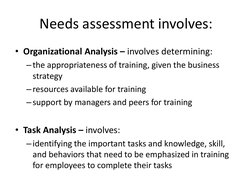 Needs assessment involves: 
• Organizational Analysis – involves determining: 
–the appropriateness of training, given the bu