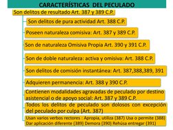 CARACTERÍSTICAS  DEL PECULADO 
Son delitos de resultado Art. 387 y 389 C.P.   
Son delitos de pura actividad Art. 388 C.P.