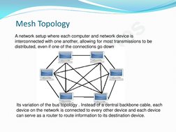 Topologies
A network setup where each computer and network device is 
interconnected with one another, allowing for most tran