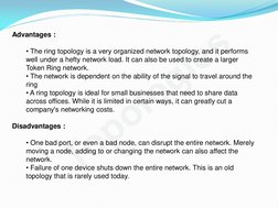 Topologies
 
Advantages :  
 
• The ring topology is a very organized network topology, and it performs 
well under a hefty n