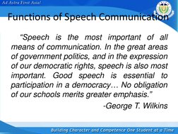 Functions of Speech Communication 
“Speech is the most important of all 
means of communication. In the great areas 
of gover