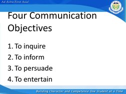 Four Communication 
Objectives 
1. To inquire 
2. To inform 
3. To persuade 
4. To entertain 
