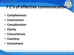 7 C’s of effective communication  
• Completeness 
• Conciseness 
• Consideration 
• Clarity 
• Concreteness 
• Courtesy  
•