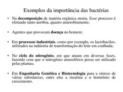Exemplos da importância das bactérias 
• Na decomposição de matéria orgânica morta. Esse processo é 
efetuado tanto aeró