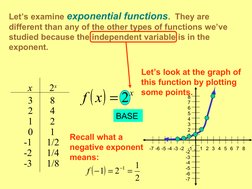 Let’s examine exponential functions.  They are 
different than any of the other types of functions we’ve 
studied because the