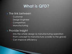 The link between  
Customer 
Design Engineer 
Competitors 
Manufacturing 
 
Provide Insight 
Into the whole design & m