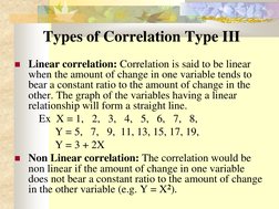 Types of Correlation Type III 
Linear correlation: Correlation is said to be linear 
when the amount of change in one v
