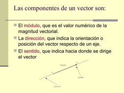 Las componentes de un vector son:
El módulo, que es el valor numérico de la 
magnitud vectorial.
La dirección, que indica l