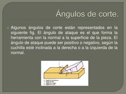Algunos ángulos de corte están representados en la 
siguiente fig. El ángulo de ataque es el que forma la 
herramienta con