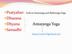 Pratyahar:  Link to Antaranga and Bahiranga Yoga 
Dharana 
Dhyana             Antaranga Yoga 
Samadhi