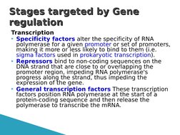 Transcription
Specificity factors alter the specificity of RNA 
polymerase for a given promoter or set of promoters, 
making