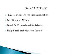  Lay Foundations for Industrialization 
Meet Capital Needs 
Need for Promotional Activities 
Help Small and Medium Sector
