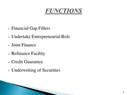Financial Gap Fillers 
Undertake Entrepreneurial Role 
Joint Finance 
Refinance Facility 
Credit Guarantee 
Underwritin