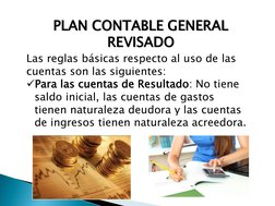 PLAN CONTABLE GENERAL 
REVISADO 
Las reglas básicas respecto al uso de las 
cuentas son las siguientes: 
Para las cuentas de