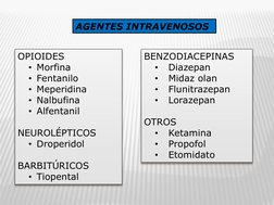 OPIOIDES 
• Morfina 
• Fentanilo 
• Meperidina 
• Nalbufina 
• Alfentanil 
 
NEUROLÉPTICOS 
• Droperidol 
 
BARBITÚRICOS 
• T