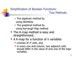 2 
Simplification of Boolean Functions:  
                                          Two Methods 
The algebraic method by