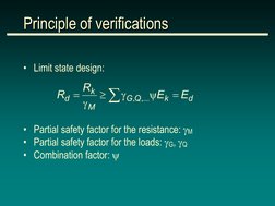 Principle of verifications 
• Limit state design: 
 
 
 
• Partial safety factor for the resistance: gM  
• Partial safety fa