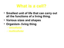 What is a cell? 
• Smallest unit of life that can carry out 
all the functions of a living thing.
• Various sizes and shapes