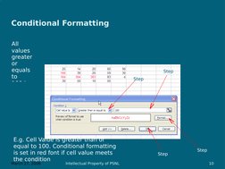 March 27, 2006
Intellectual Property of PSNL
10
Conditional Formatting
All 
values
greater 
or
equals 
to
100 is
Step 
1
Step
